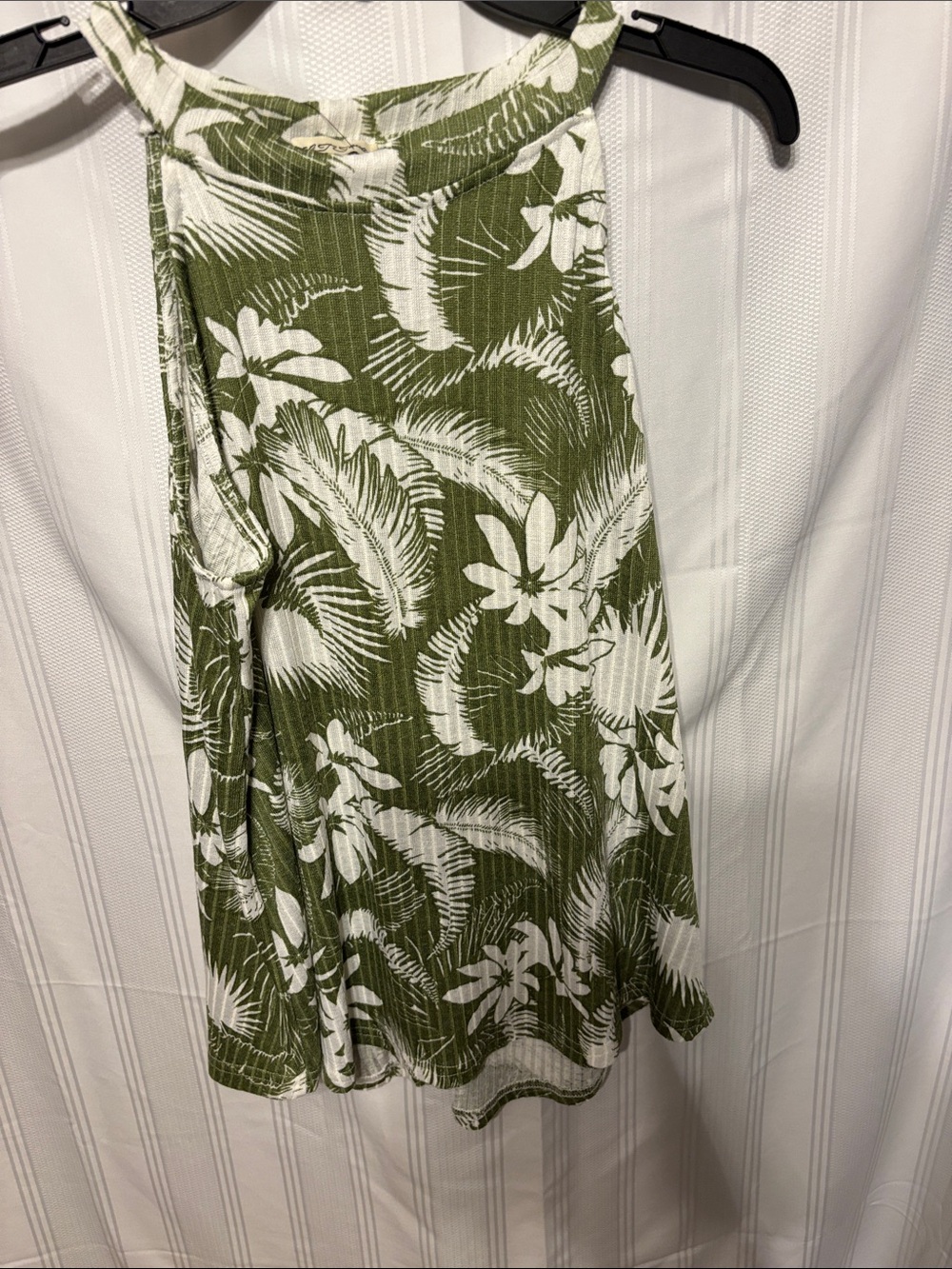Olive Green Tropical Halter Tank with White Leaf Print
